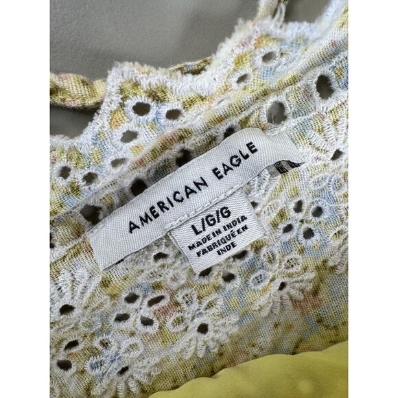 American Eagle Women’s Floral Eyelet Tiered Mini Dress L Yellow Boho Lace Cotton - Picture 12 of 15